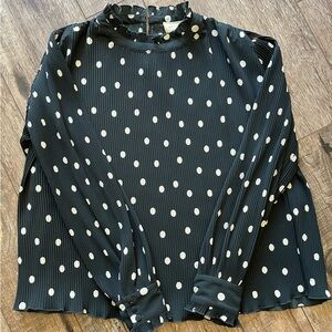 Sezane Rosalinda Black White Polka Dot Print Pleated Ruffle Neck Blouse Shirt